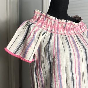 Solitaire smocked off the shoulder striped Top White boho pom pom trim